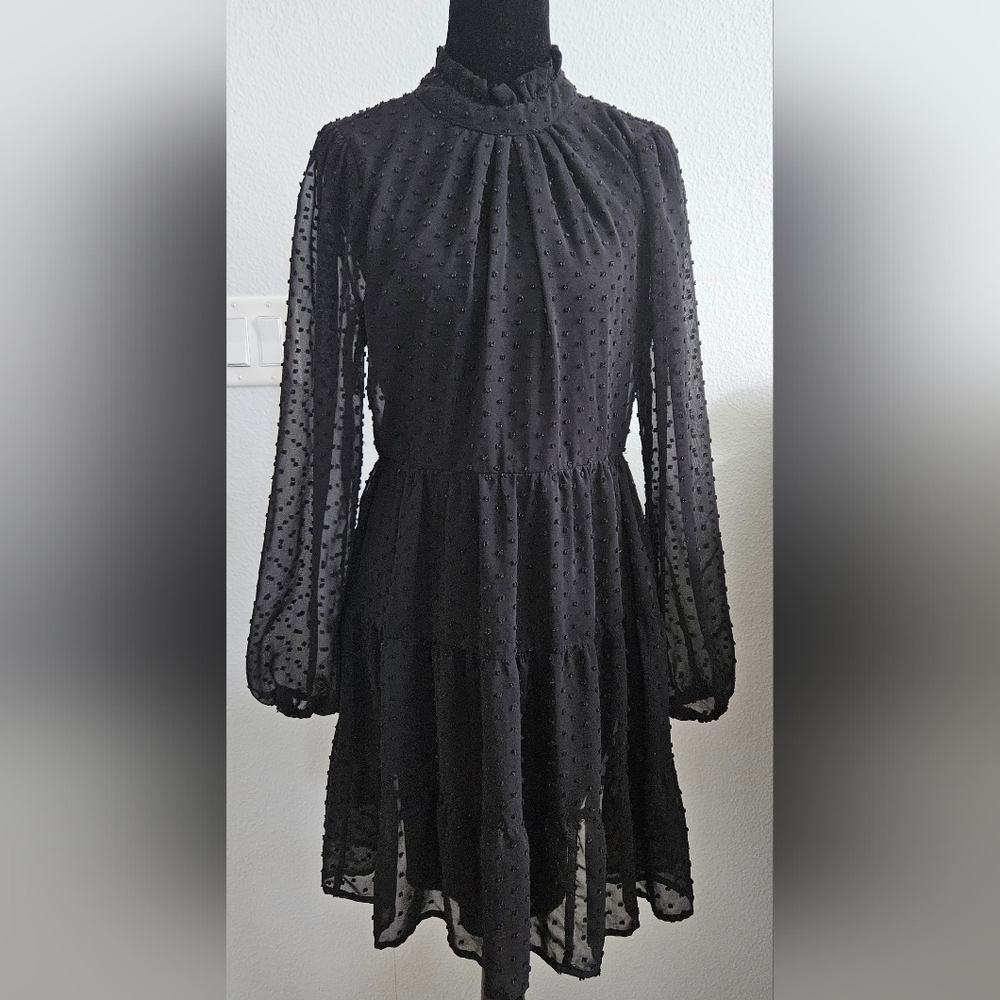 Trixxi Black Swiss Dot Sheer Long Sleeve Mock Neck Babydoll Dress Size L